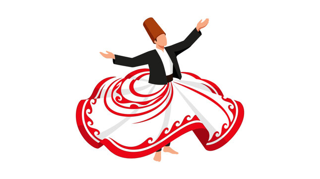Sema whirling dervish in turkey in white and red attire. Perfect for cultural, festive, and spiritualthemed design projects.