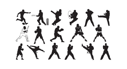 Fototapeta premium Sport athletes silhouettes collection featuring cricket soccer martial arts basketball and boxing movements for graphics.
