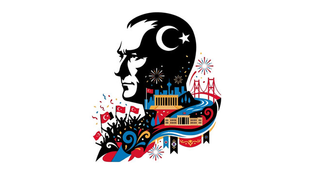 Silhouette illustration of mustafa kemal ataturk at anitkabir in ankara, turkey with flags and fireworks for national celebration design. Perfect for patriotic designs and turkish holiday promotions.