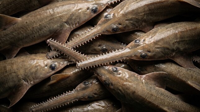 Group of sawfish stacked together showing their distinctive toothed rostrum snouts in a close up view captured with dramatic lighting and rich textures