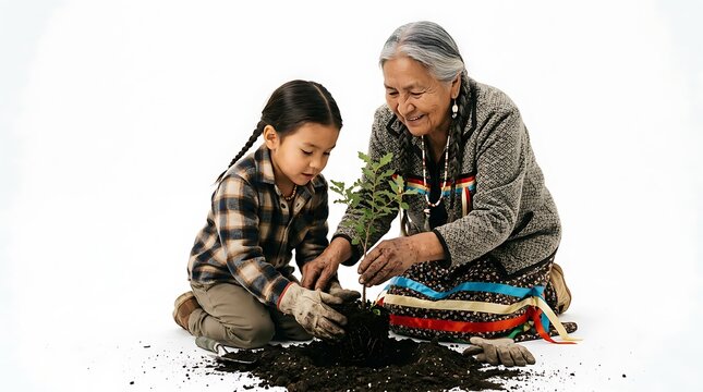 Indigenous Grandmother and Granddaughter Planting Tree Seedling