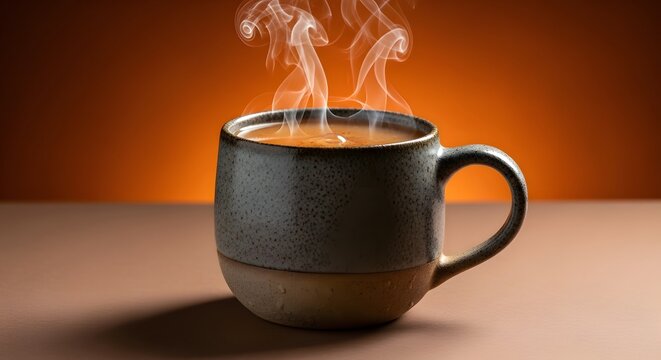 Steaming hot mug of coffee on a warm brown background.