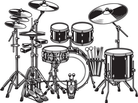 Vintage drum kit vector illustration, professional percussion set with cymbals and hardware, black and white musical instrument graphic