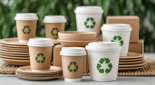 Disposable sustainable eco friendly paper cups plates with green recycling symbol
