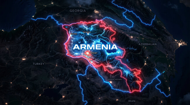 Armenia neon map with glowing borders for geopolitical documentary and international news broadcast