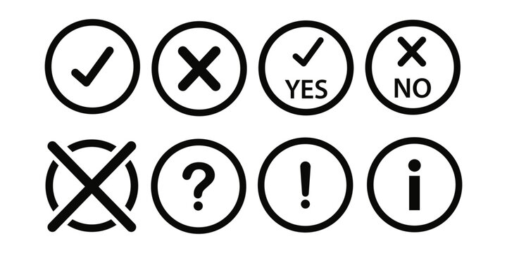 Icon set of check mark, cross, question mark, exclamation point. Vector illustration, Check mark, exclamation point, cross mark icons set Flat and outline style.