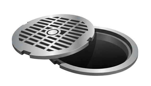 Open manhole cover with sewer grate and opening, urban infrastructure element