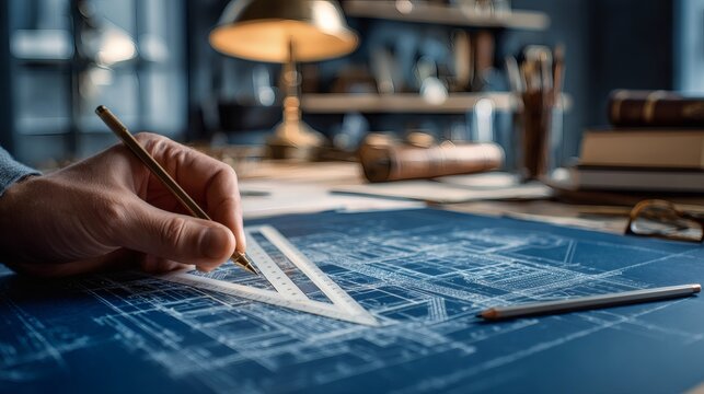 POV of Consultant Measuring Dimensions on Historical Blueprints.