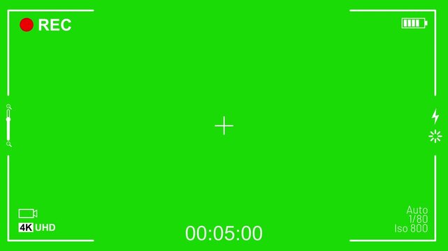 Greenscreen Camcorder recording screen. Bright green digital camcorder screen recording overlay frame battery time uhd settings for video editing tutorials and technology reviews.