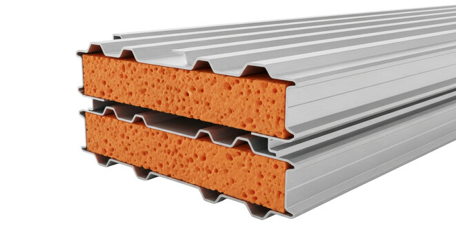 detailed macro 3d cross-section of stacked industrial sandwich panels with transparent corrugated metal cladding and bright orange pir foam core, isolated on white. concept of modern construction