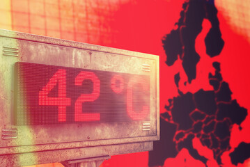 Thermometer zeigt Hitze, im Hintergrund Landkarte von Europa in rötlichen Farben als Symbol für  hohe Temperaturen aufgrund vom Klimawandel © studio v-zwoelf