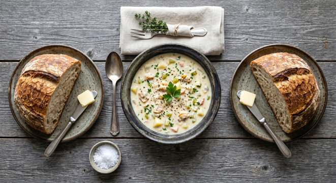 A symmetrical top-down "flat lay" of a complete clam chowder serving on a weathered gray wooden table. 