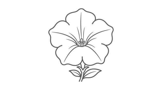 Simple black line art petunia flower with leaves.
