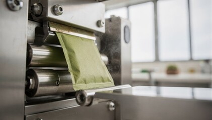 Naklejka premium Medium shot highlighting sachet line mechanics sealing biodegradable matcha pouches sharp focus on compact jaws and pouch details with a bright commercial workspace and diffused