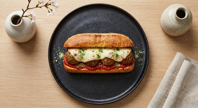 &nbsp;A minimalist presentation of a 6-inch meatball sub centered on a matte black ceramic platter. The vibrant reds of the sauce and the stark white of the melted cheese