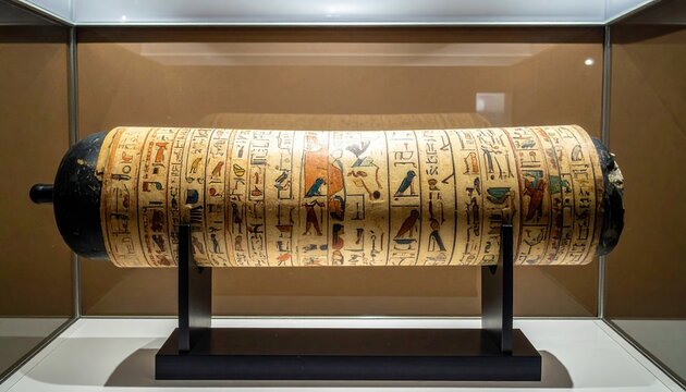 Ancient Egyptian Papyrus Scroll Featuring Intricate Hieroglyphs and Figures on Display in a Museum Exhibit