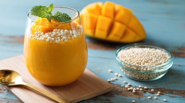 Mango Dessert with Tapioca Pearls and Fresh Mint in Glass Cup, Tropical Fruit Parfait, Creamy Sweet Pudding with Diced Mango for Gourmet Summer Refreshment