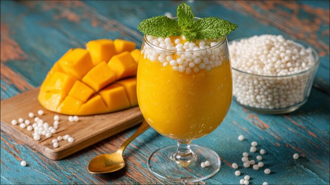 Mango Dessert with Tapioca Pearls and Fresh Mint in Glass Cup, Tropical Fruit Parfait, Creamy Sweet Pudding with Diced Mango for Gourmet Summer Refreshment