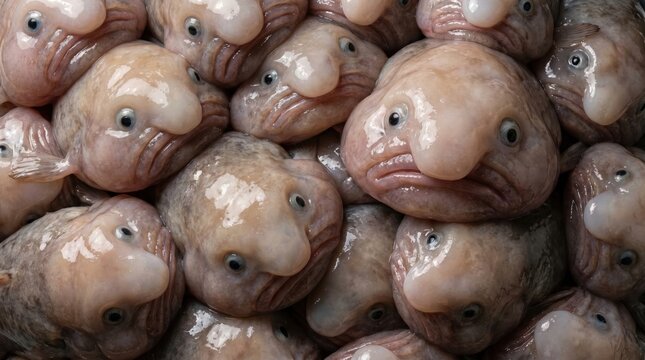 Group of blobfish creatures clustered together creating a surreal underwater texture with sad facial expressions and soft pinkish skin tones in a high angle view