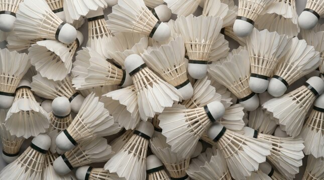 A dense collection of professional white badminton shuttlecocks arranged in an overlapping pattern to show texture and depth for sports equipment marketing