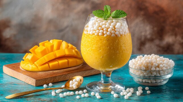 Mango Dessert with Tapioca Pearls and Fresh Mint in Glass Cup, Tropical Fruit Parfait, Creamy Sweet Pudding with Diced Mango for Gourmet Summer Refreshment