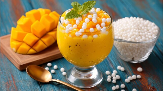 Mango Dessert with Tapioca Pearls and Fresh Mint in Glass Cup, Tropical Fruit Parfait, Creamy Sweet Pudding with Diced Mango for Gourmet Summer Refreshment