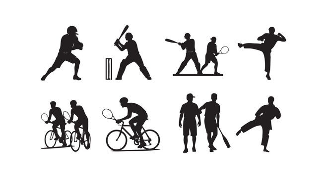 Sports silhouettes depicting baseball, football, karate, tennis, and cycling activities, dynamic and action-oriented.