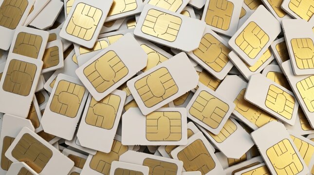 Abundant pile of white and gold sim cards representing global mobile connectivity and telecommunication network access in a high tech digital communication concept