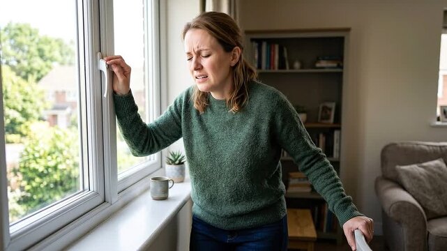 Woman dizziness vertigo discomfort home window standing green sweater pain adult distress daytime, woman green sweater stands by window home holding frame for support, showing discomfort, headache