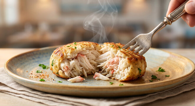 A professional close-up shot of a Maryland crab cake being gently broken open with a vintage silver fork. The image highlights the interior profile, beautifully showcasing 