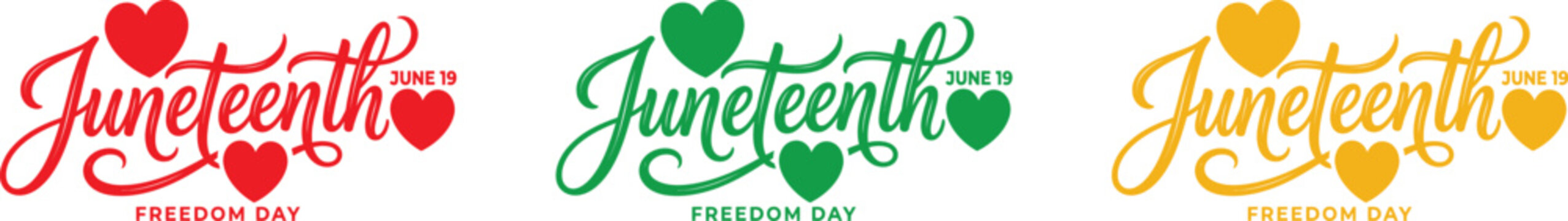 Juneteenth freedom day celebrations logos in red green and yellow