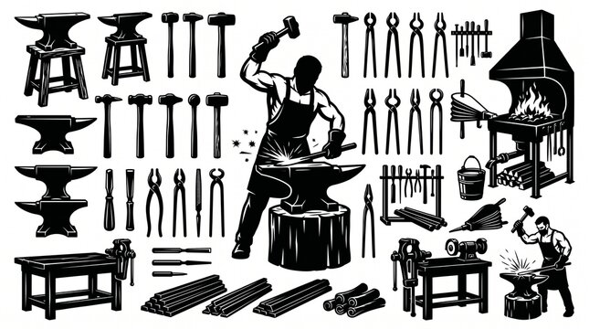 Collection of traditional blacksmith tools anvils and a working forge perfect for vintage craftsmanship and metalworking designs