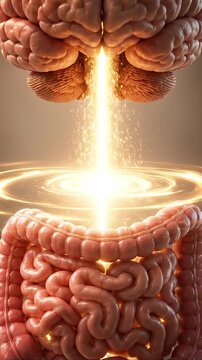 Brain gut connection and gut brain axis energy flow surreal anatomy art of digestive intestine organ harmony glowing inner power medical science focus cognitive health concept