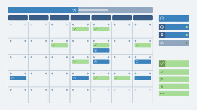 Multi-column dashboard user interface with colorful widgets and progress bars.