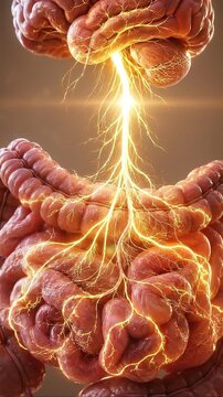 Brain gut connection axis anatomy illustration glowing nerve network digestive organ medical health concept showing human intestine with bright neural pathway complex organ emotional energy flow