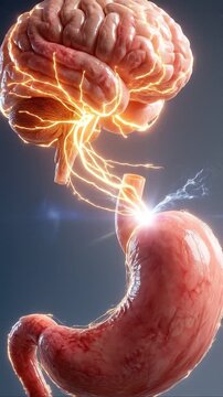 Brain gut connection axis glow with nerve light spark show concept of gut brain axis and health link between organ with energy effect medical art focus neural pathway neuron anatomy stomach organ