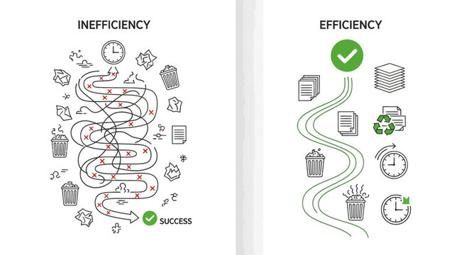 Illustration comparing business inefficiency and efficiency workflow processes