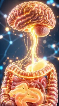 Brain gut connection axis neural network glowing nerve pathway visceral organ digestive system anatomy science biology medical intestine digestion system abstract concept vibrant energy flow health