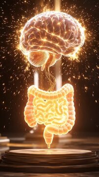 Brain gut connection glowing gut brain axis concept art glowing digestive system holographic anatomy illustration neural energy golden light surreal 3d render health science artwork anatomy