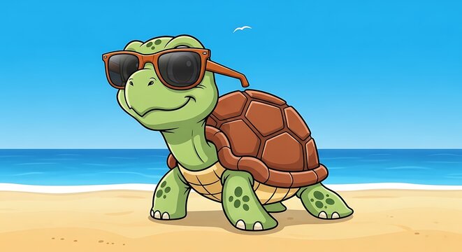 Cartoon turtle on beach vacation.