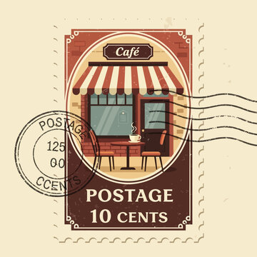 Vintage Cafe Restaurant Postal Stamp Illustration.