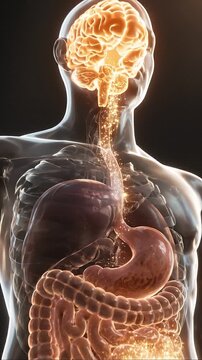 Gut brain axis brain gut connection human anatomy digestive stomach intestine organ torso transparent medical health healthcare biology nervous system neuron communication pathway microbiome glowing