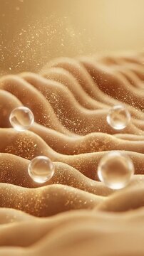 Abstract golden wave texture nutrient absorption intestinal background with glowing particle dust and glass sphere concept for intestinal health golden light healing energy glowing zinc particle