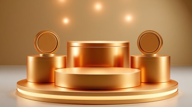 A sleek golden podium with three tiers is illuminated by soft glowing lights, creating a luxurious and elegant display platform.