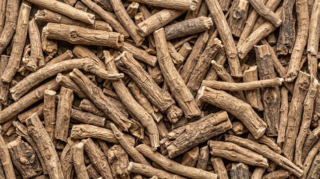Dried ashwagandha root pieces texture pattern background illustrating natural organic ayurvedic medicinal herbs used for traditional wellness and herbal supplements