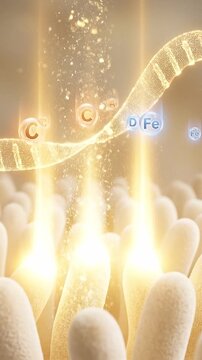 Nutrient absorption intestinal health concept with glowing vitamin mineral particle flow in gut microvillus structure supporting efficient digestion and overall intestinal villus microvilli health