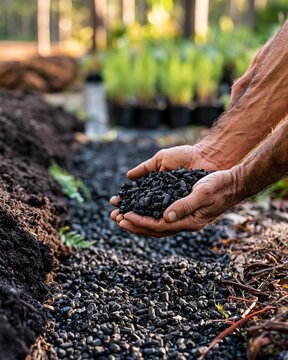 Closeup medium shot focusing on biochar pellets being carefully added to a reforestation trench by two hands with blurred compost windrows and native seedlings in the background
