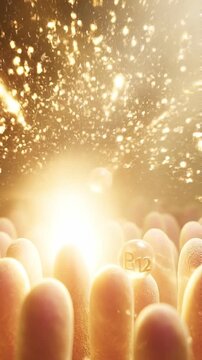 Nutrient absorption intestinal villus gut health digestion biology microscopic concept golden vitamin sphere glow wellness supplement glowing light energy intestinal health bright medical background