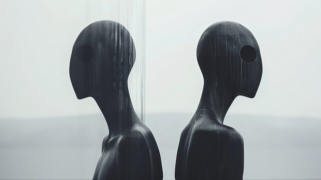 Minimalist surreal sculpture of two figures standing back-to-back, symbol of indifference and emotional estrangement.