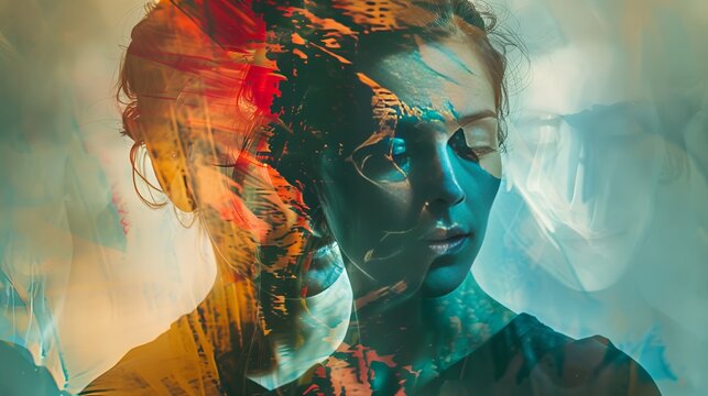 Abstract expressionist double exposure art of overlapping human profiles, representing complex psychology and inner turmoil.